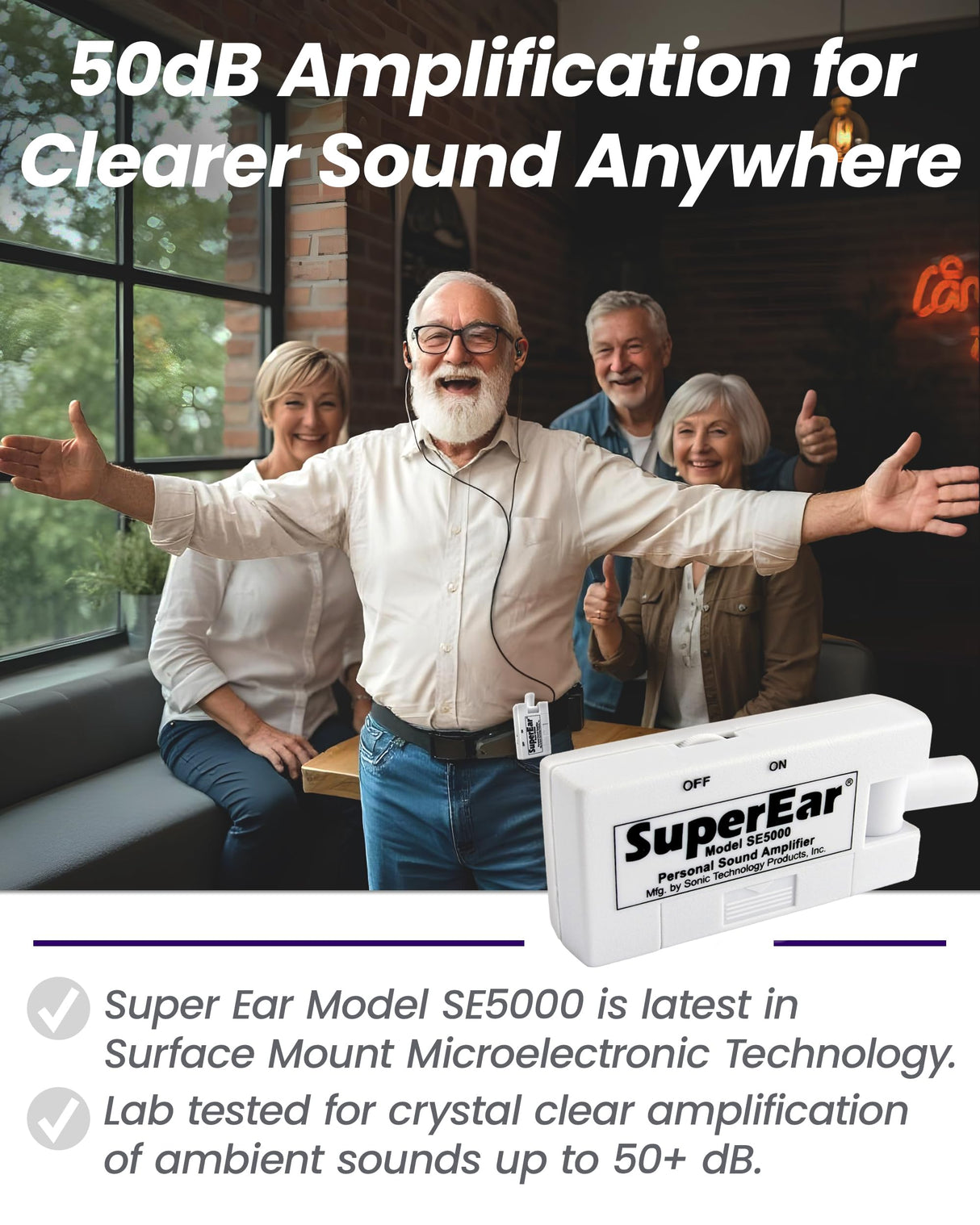 SuperEar Personal Sound Amplifier Model SE5000 (PSAP), 50dB Gain, Hand Held Pocket Size Audio Amplifier with Headphones, EarBuds, Tactile On/Off Volume Control for Adults, Audiologists, and Seniors