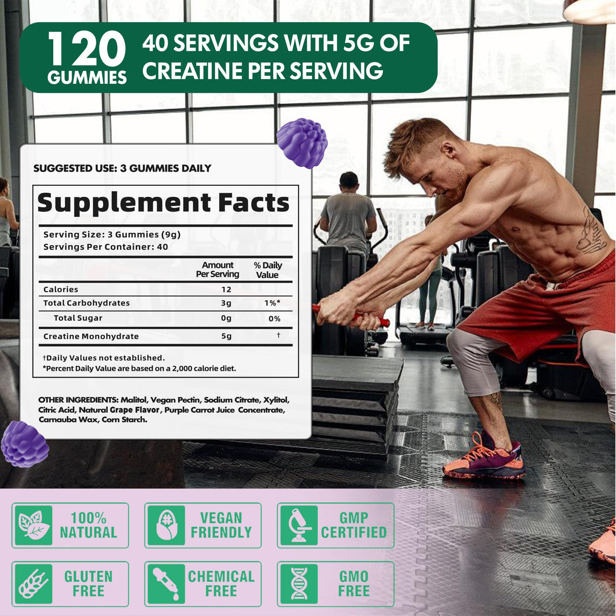 DANEW Pro Creatine Monohydrate Gummies 5000mg for Men & Women, Creatine Monohydrate for Muscle Strength, Muscle Builder, Energy Boost, Pre-Workout Supplement(120 Count)-Grape Flavor