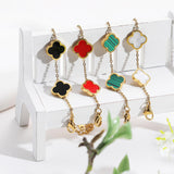 AIPPK 18K Gold Plated Clover Lucky Bracelet for Women White/Black/Red/Green Flower Four Leaf Link Bracelets Trendy Jewelry Gifts for Women (White+Black)