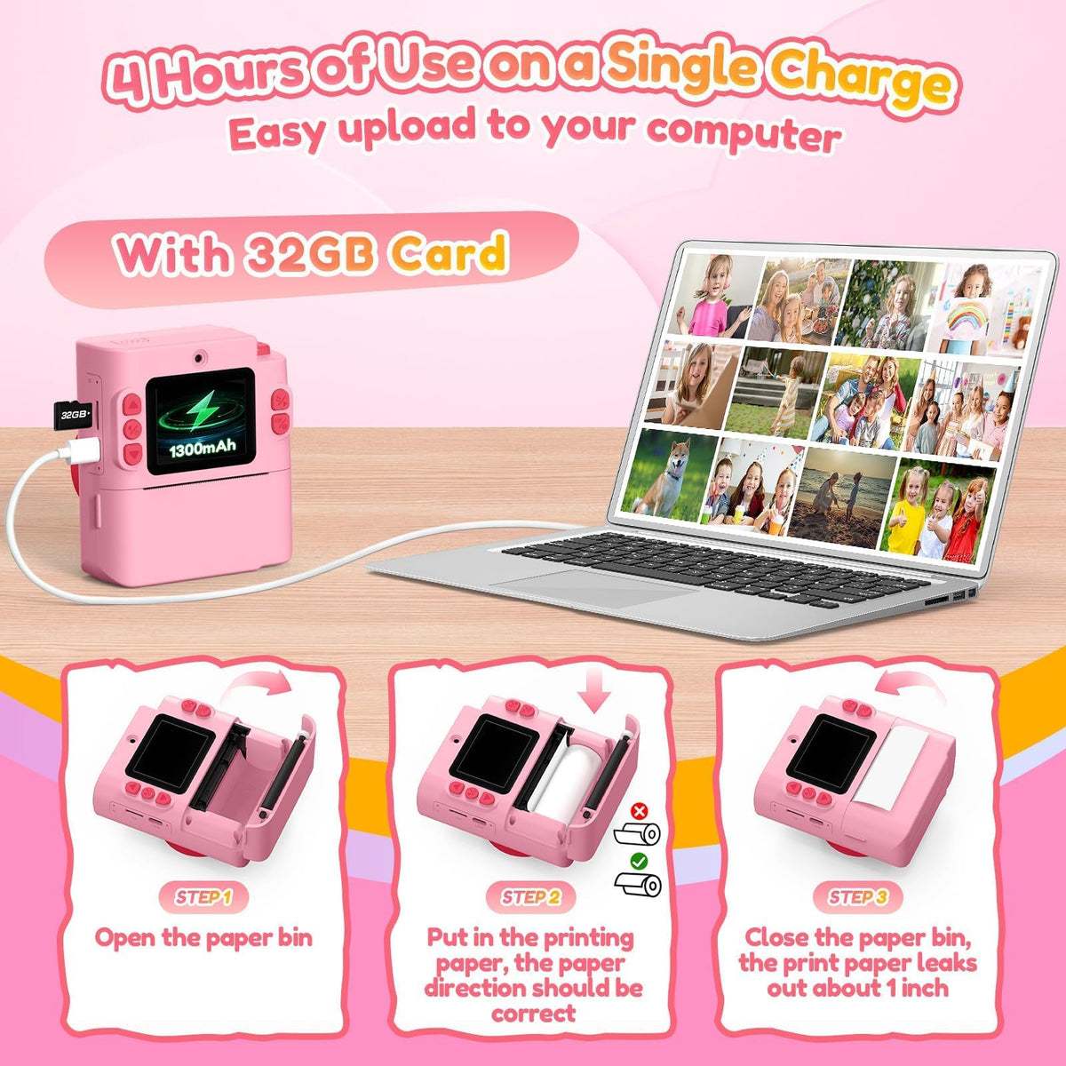 Yunaking Kids Camera Instant Print, Birthday Christmas Girls Gift 3-12 Pink
