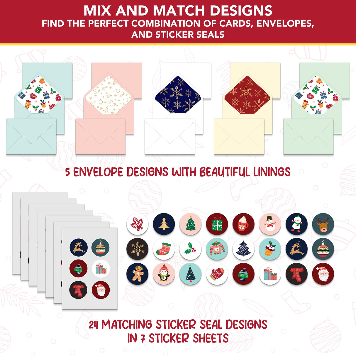 Decorably 100 Pack Foiled and Glittery 6x4in Christmas Cards with Envelopes Bulk and Stickers, 20 Festive Designs Bulk Christmas Cards with Envelopes, with Printed Message Inside