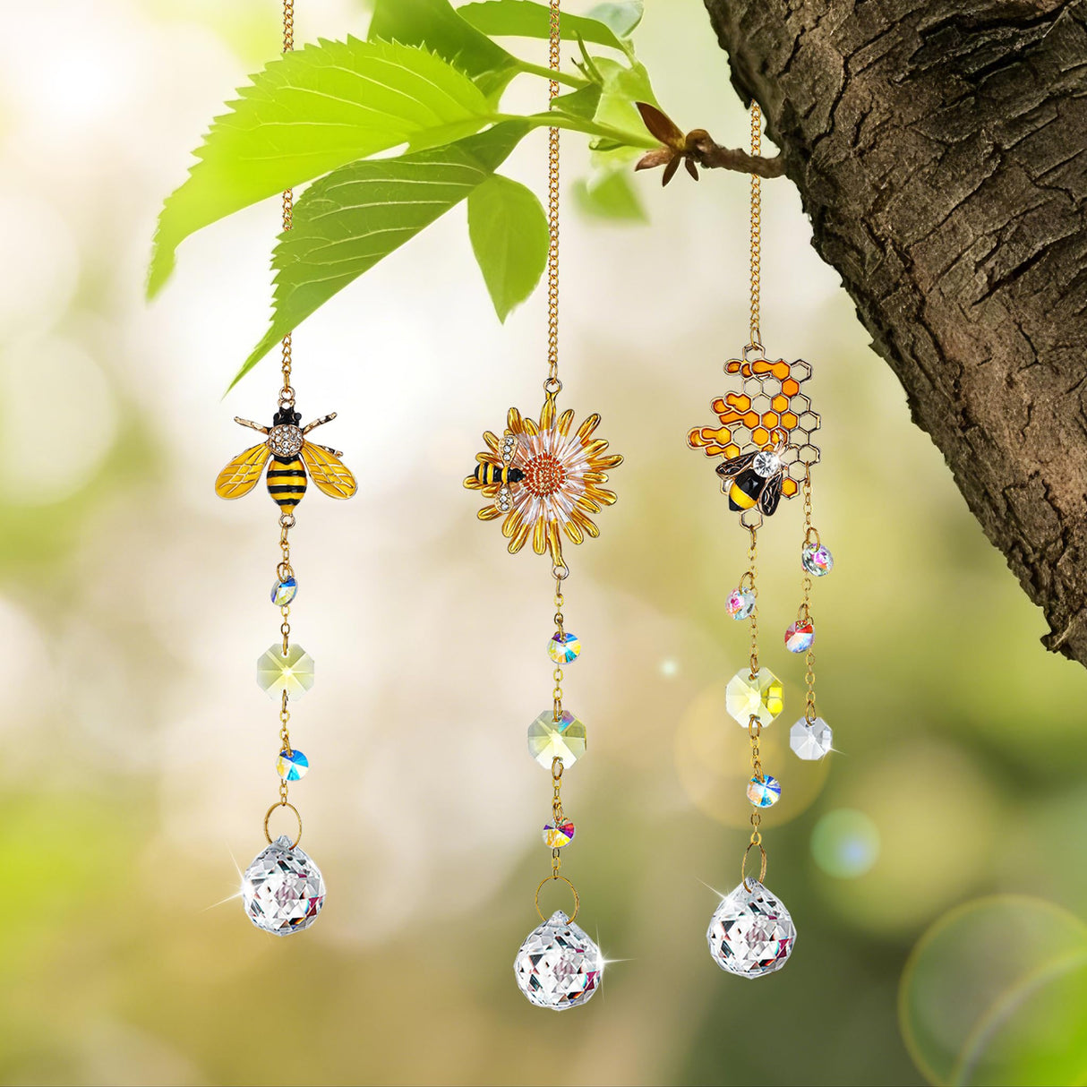 3 Pack Crystal Bee Honeycomb Suncatcher Hanging Window Garden Decor