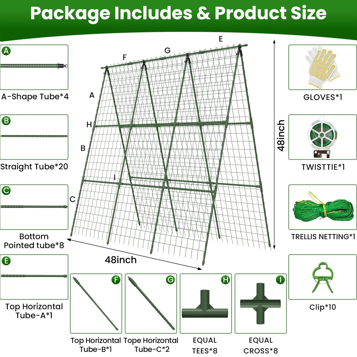 2 Pack Cucumber Trellis 48" L x 48" H, A-Frame Garden Trellis for Climbing Plants Outdoor, Vegetable Trellis for Raised Bed, Support for Squash Pea Zucchini Grape Flowers Tomato