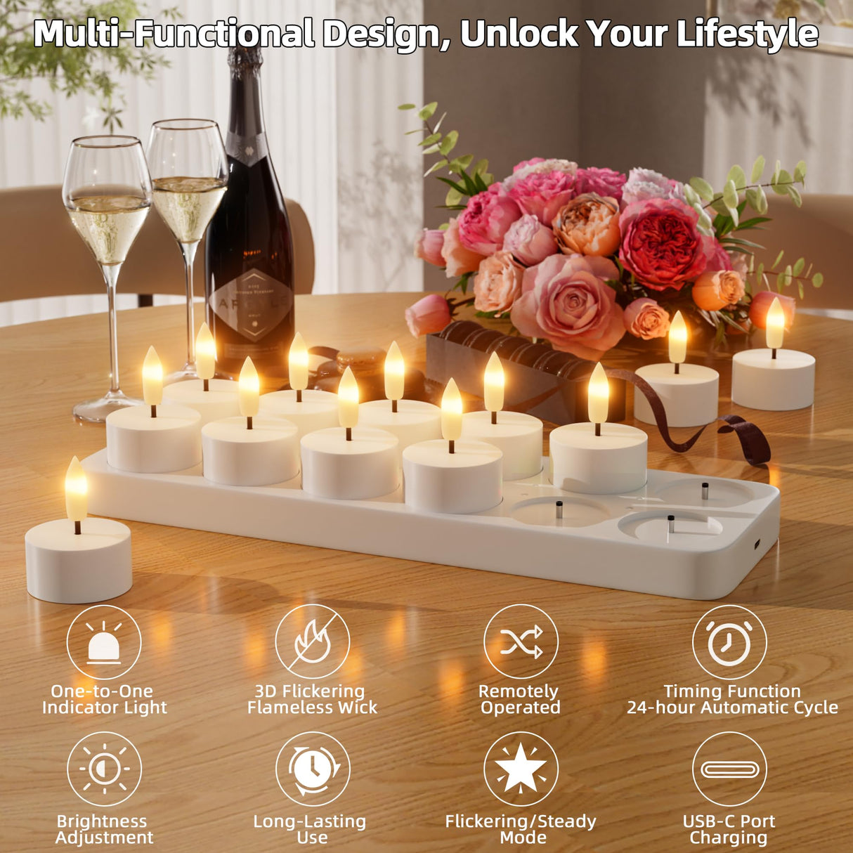 Rechargeable Flameless Tea Lights Candles with Charging Station 12Pcs Battery Tea Lights Candles with Remote & Timer LED Tealight Flickering Realistic for Home Christmas Wedding Decor - White