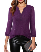 Timeson Fall Tops for Women 2025: 3/4 Sleeve Sparkly - Christmas Outfits for Women - Business Casual Tops Holiday Dressy Cocktail Party Classy Blouses Fancy Tunics Flowy Loose Fitted Clothes Purple M