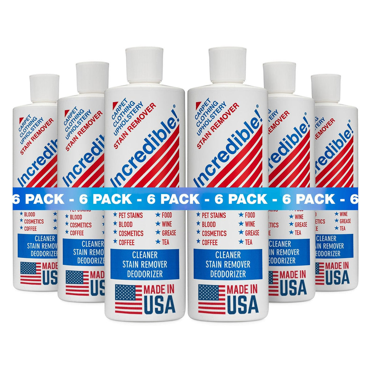 INCREDIBLE! Stain Remover - Commercial Pack Quantity, Professional Stain Cleaner For Carpets, Fabric, Linen, Laundry, Mattress, Car Upholstery – Pet Stains, Urine, Blood, Red Wine, 16.oz, Pack of 6