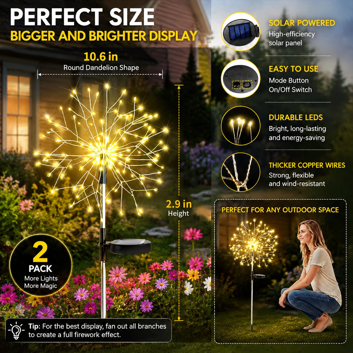suddus Solar Garden Lights Outdoor Waterproof Decorative, 2Pack 150LED Firework Lights, Solar Fairy Lights for Yard, Garden, Party, Patio, Pathway, Flowerbed - Warm White