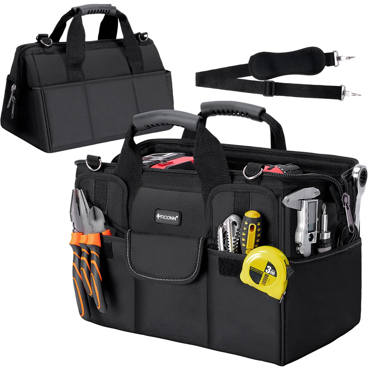 TICONN Heavy Duty Tool Bag with Multi-Pockets, Portable Tool Box Organizer Storage Bag, with Adjustable Shoulder Strap and Ergonomic Handle (Blue, 14" Standard Base)