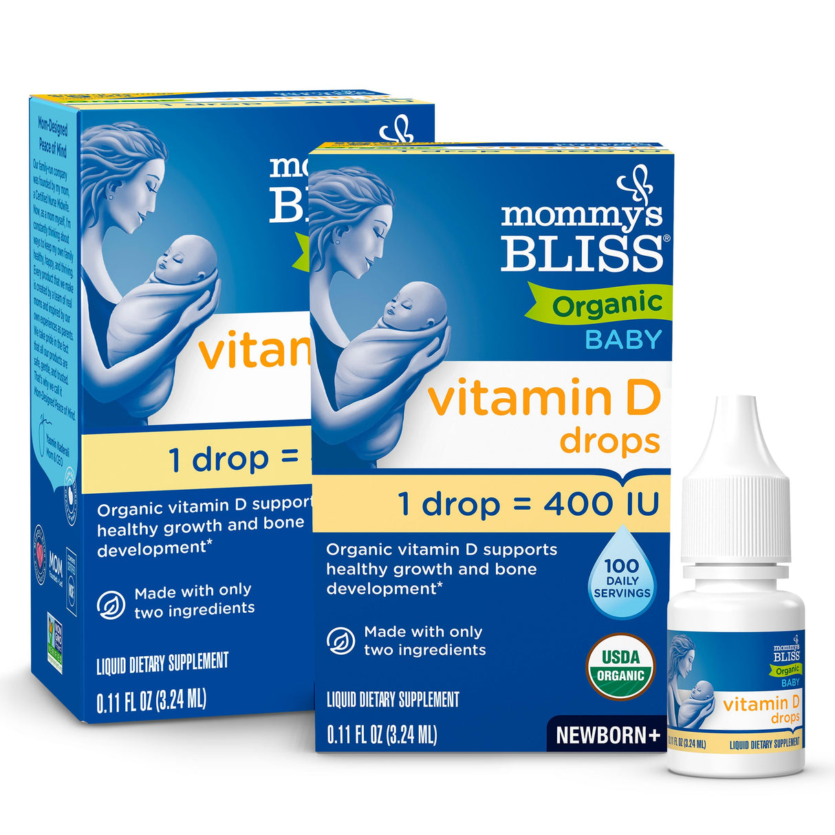 Mommy's Bliss Organic Baby Vitamin D Drops | Promotes Healthy Growth and Bone Development | Age Newborn+ | 0.11 Fl Oz (100 Servings) | Pack of 2