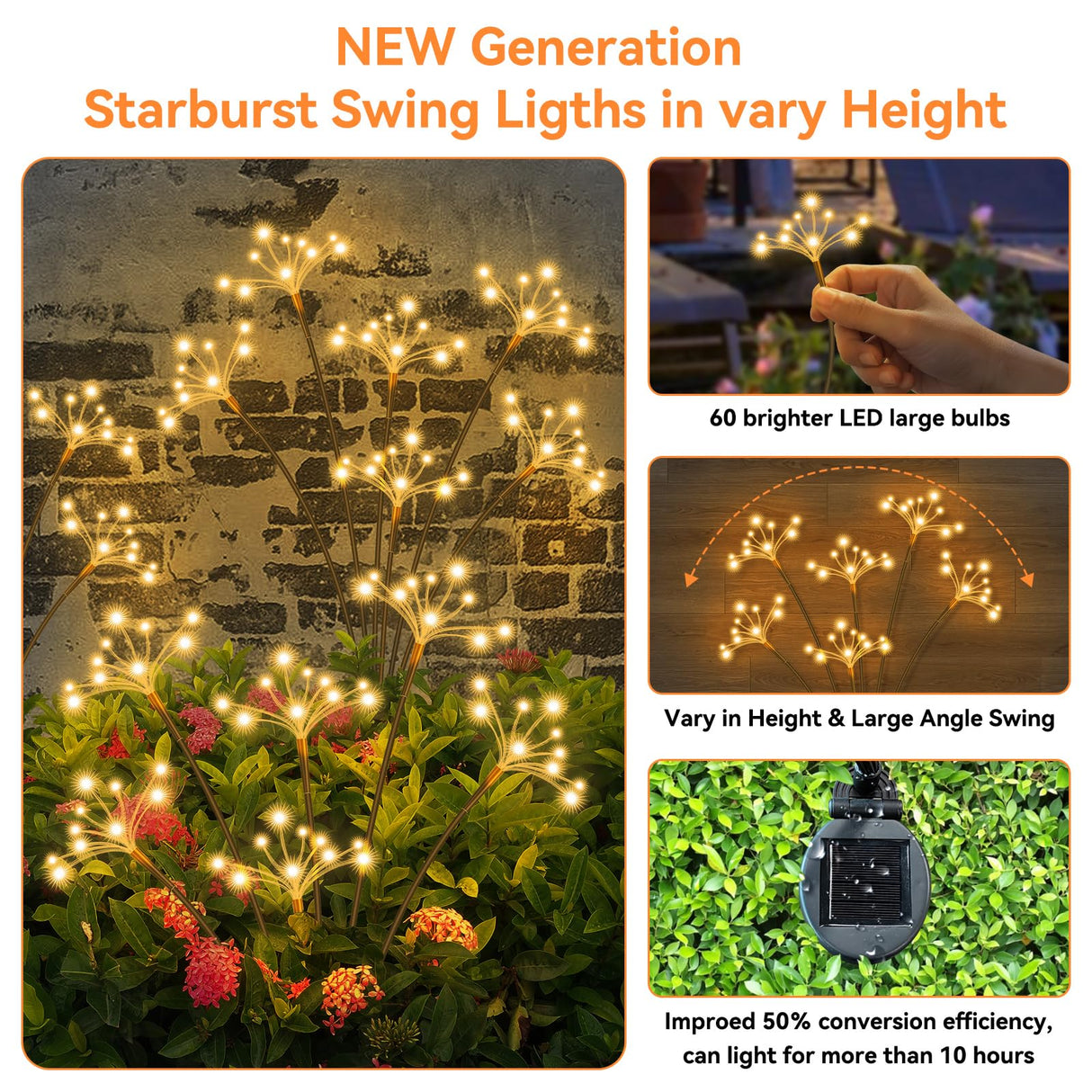 Solar Garden Lights 4 Pack Waterproof Solar Swaying Starburst Light Outdoor Lights for Yard Patio Walkway Pathway Party Wedding Christmas Decoration, Warm White