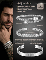 YADOCA 3Pcs Stainless Steel Bracelets for Men Roman Numeral Bangle Bracelet Adjustable Cuff Bracelet Twisted Cable Bracelet Mens Luxury Bracelets Jewelry Gifts Gold/Silver/Black