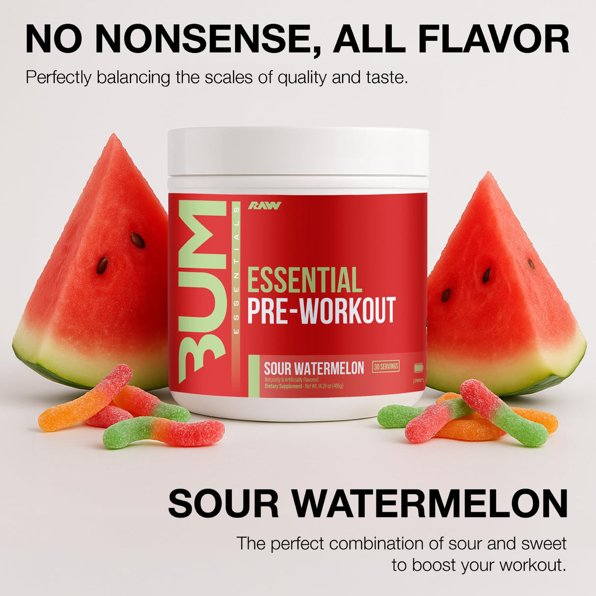 RAW Essential Pre-Workout Powder (Sour Watermelon) - Chris Bumstead Sports Nutrition Supplement for Men & Women - Preworkout Energy Powder with Caffeine, L-Citrulline, L-Tyrosine, & Beta Alanine Blend