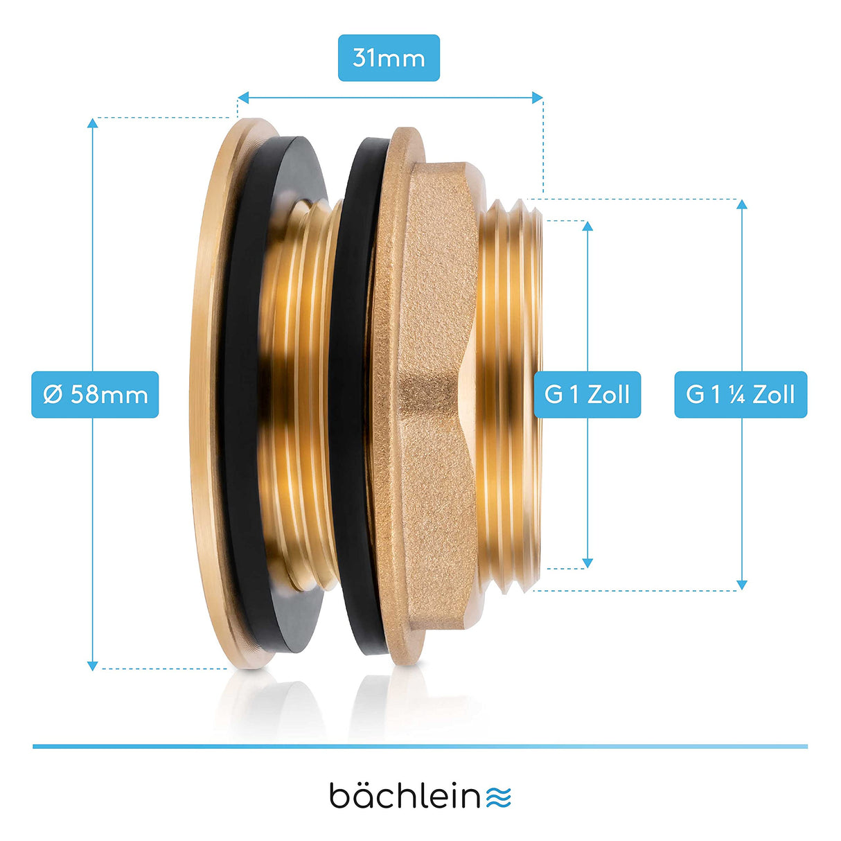 Bächlein Universal Rain Barrel Bushing - Brass Tank Bushing as Connection for Water Tap or Spigot including 2 Seals - Barrel Screw Connection with 1 Inch Internal Thread
