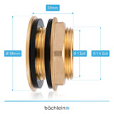 Bächlein Universal Rain Barrel Bushing - Brass Tank Bushing as Connection for Water Tap or Spigot including 2 Seals - Barrel Screw Connection with 1 Inch Internal Thread