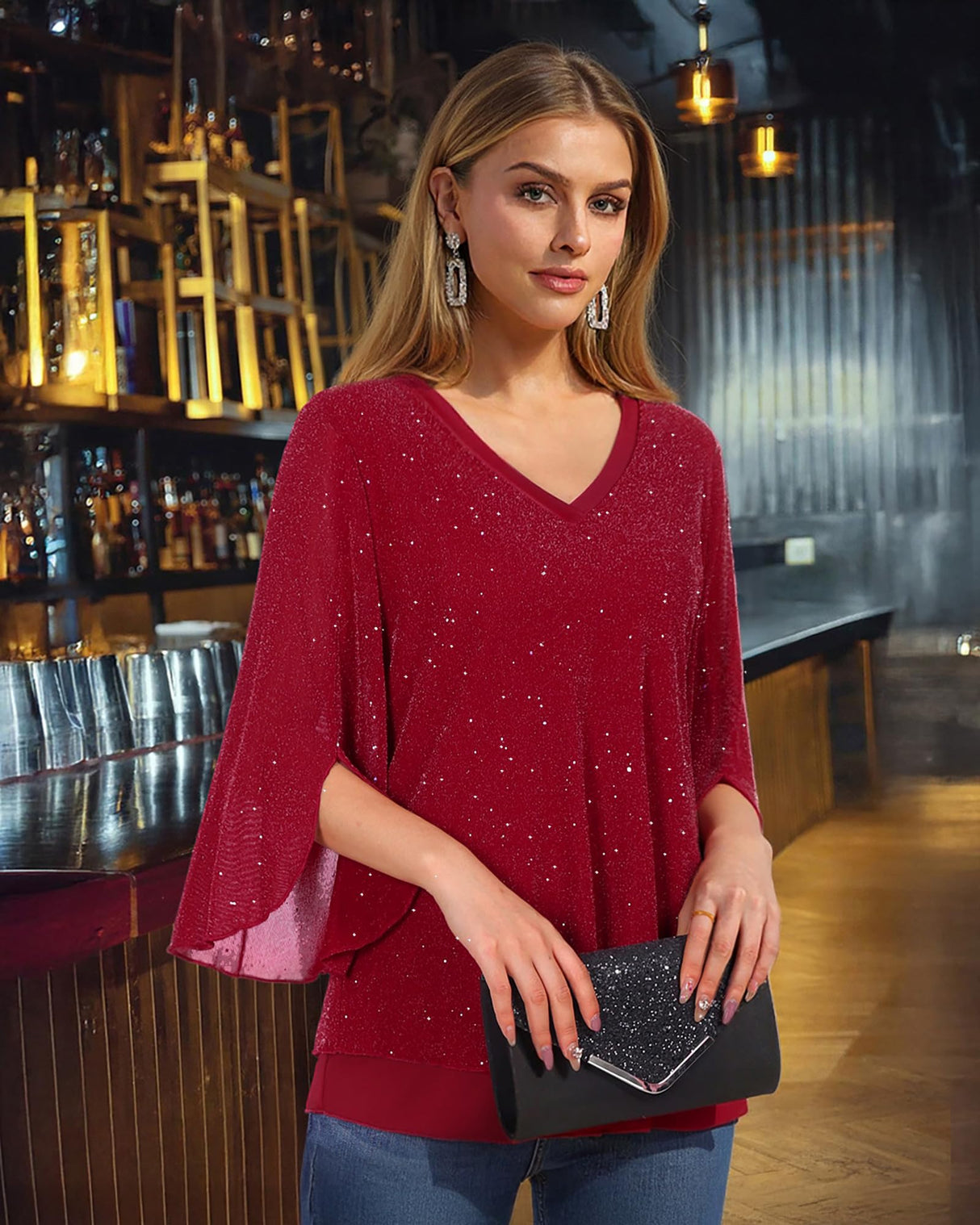 Timeson Womens Christmas Tops: Sparkly 3/4 Sleeve Night Out - Womens Blouses Dressy Casual - Fashion Fall Shirts Red Tunics Holiday Clothes Plus Size Date Outfits Fancy Festive Attire Loose Fit XL