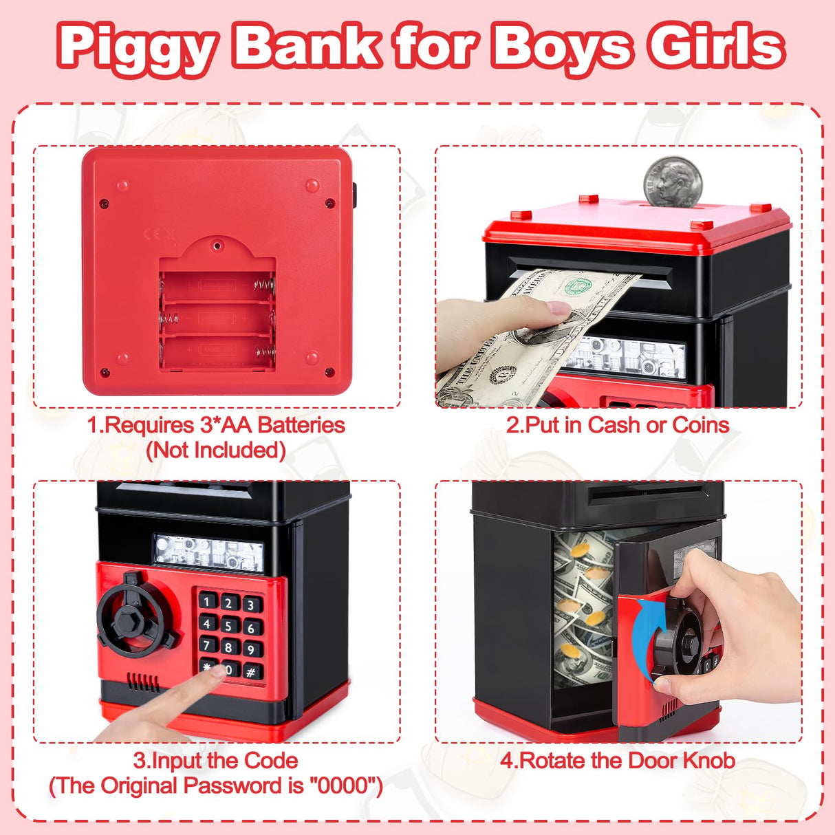 Refasy Children's Toy for 5-7 & 8-16 Year Olds - Piggy Banks & ATM for Boys & Girls - Perfect Birthday & Christmas Gifts - Red