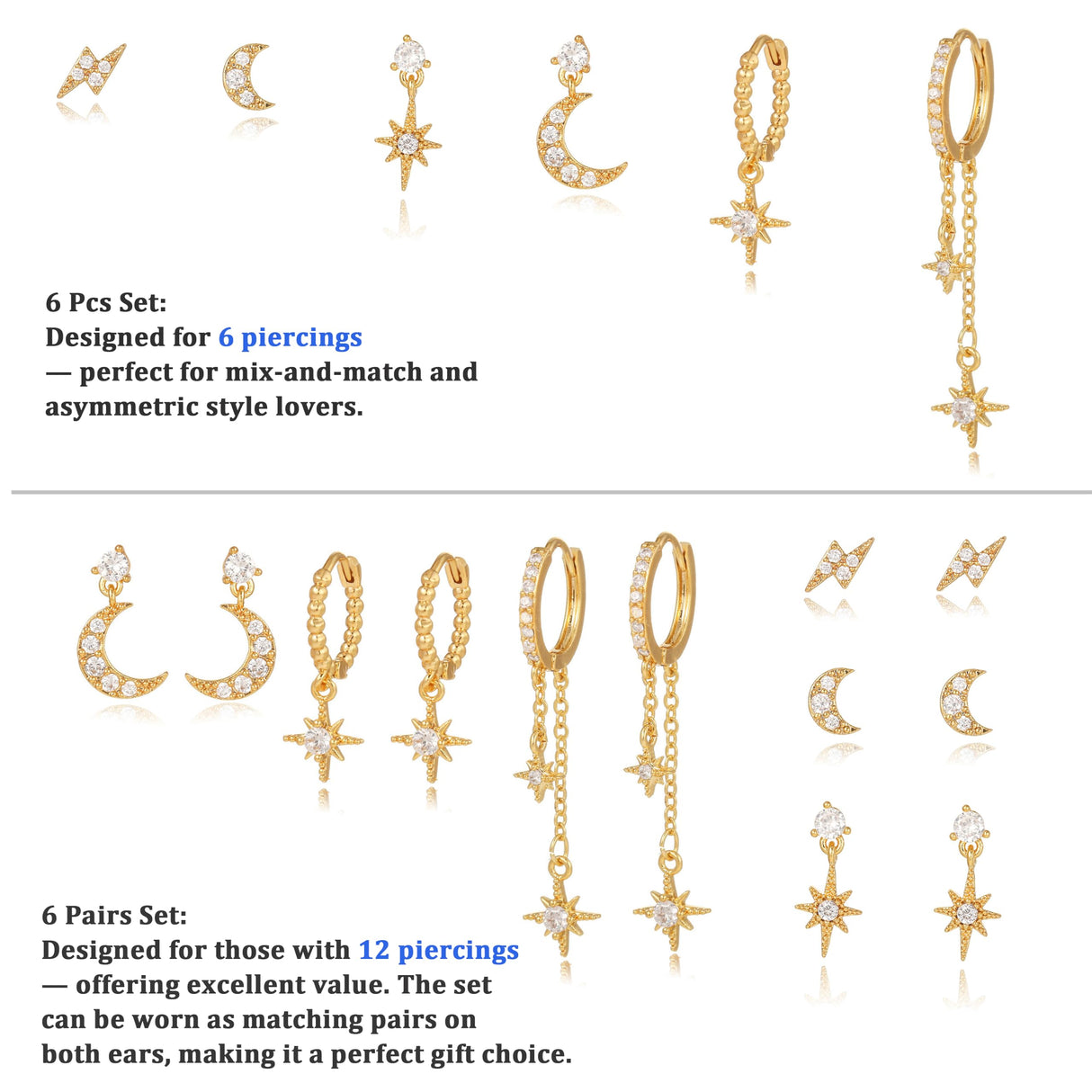 6 Pairs Gold Earrings Set for Women Moon Star Hoop Dangle Dainty Earrings
