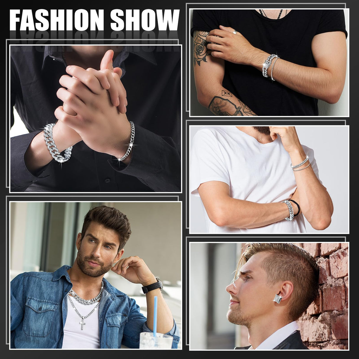 Yinkin 6 Pcs Men Jewelry Set Hip Hop Diamond Chain Bracelet Set, Silver