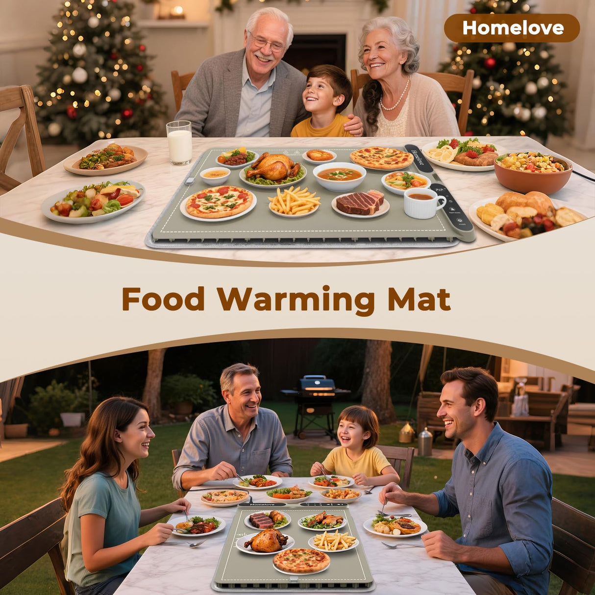 Homelove Warming Mat for Food - Fast Full Surface Electric Warming Tray with 7 Temp-Settings & 8H Timer, Portable Roll Up Food Warmer with Heat Insulation Pad for Gatherings Parties Buffet XL-Khaki