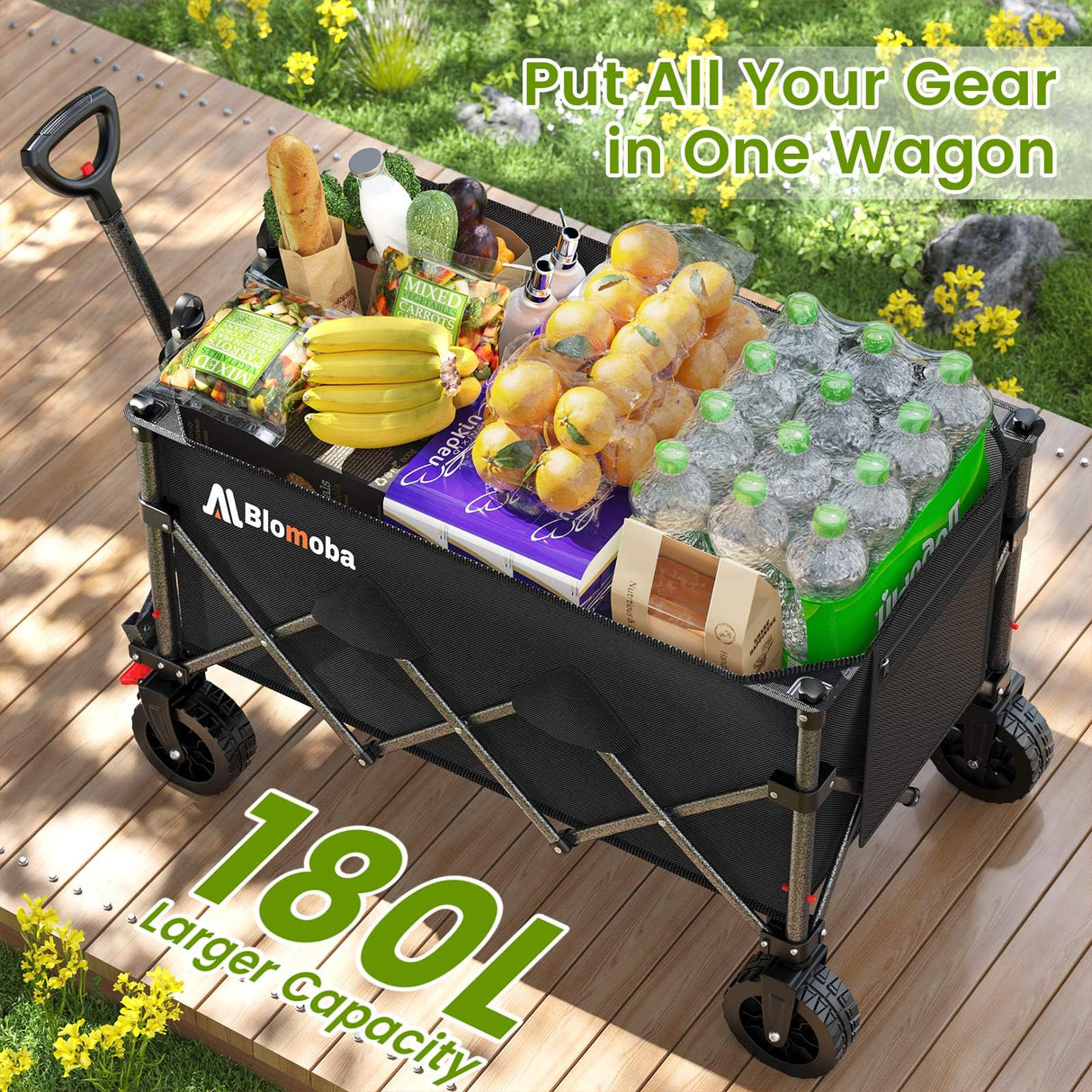 Blomoba Collapsible Wagon Cart with Wheels, 330lbs Heavy Duty Wagon, Black