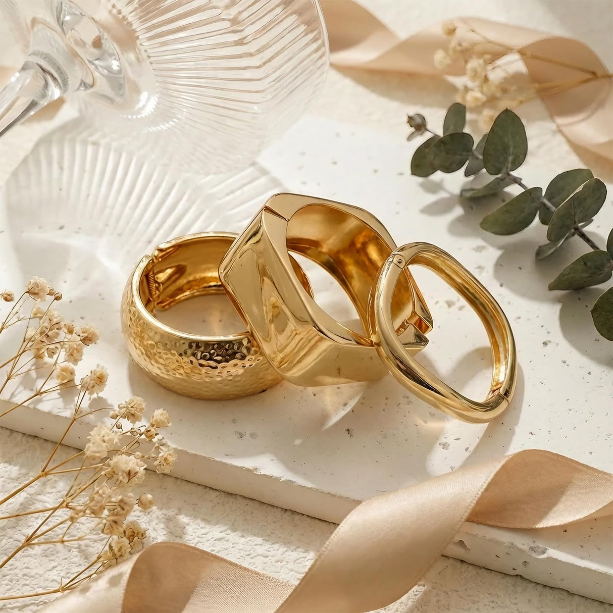 LegacyVault 3Pcs Chunky Gold Bangle Bracelets Set for Women, 14K Gold Plated Stackable Statement Cuff Bangles - Minimalist Elegant Trendy Irregular Wide Jewelry Gift (B-Gold)