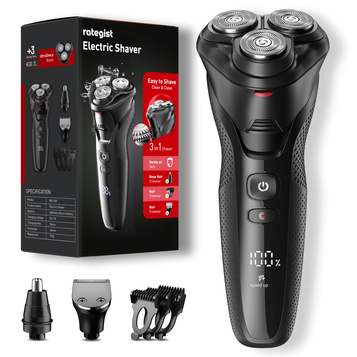 Electric Razor for Men, rategist Rechargeable Shaver, Waterproof Wet Dry Cordless, Adjustable Speeds, with Nose Hair Trimmer