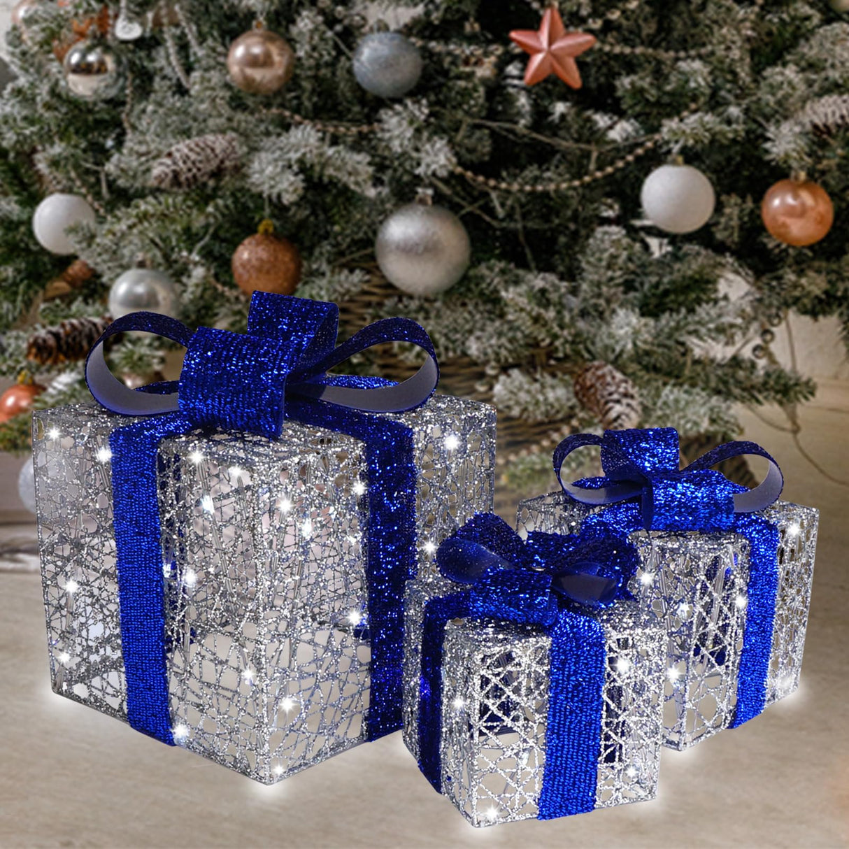 Lighted Gift Boxes Set of 3, Silver Boxes with Bow, Prelit 60 White Lights Present Box Lighted Display with Plug for Home Porch Outdoor Yard Christmas Decorations-Blue