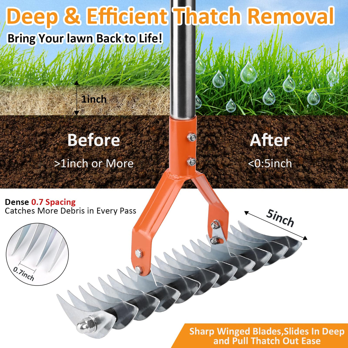 Thatch Rake -15 Inch Dethatcher Rake with Adjustable Handle, Efficient Steel Metal Rakes with Handle,Heavy Duty Thatching Rakes for Lawn,Garden, Yard
