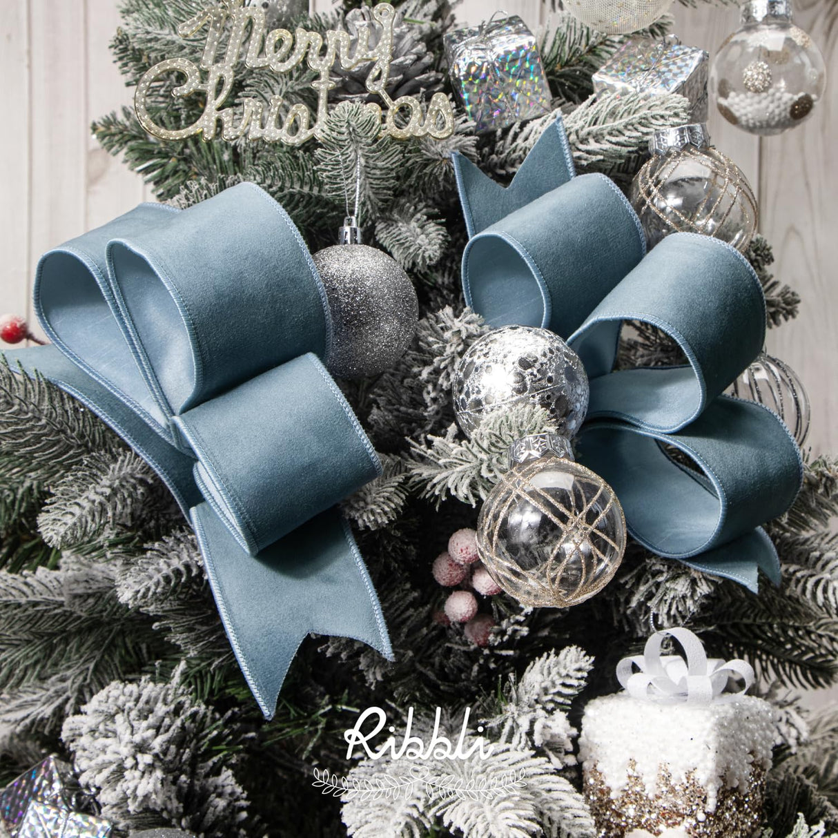 Ribbli Dusty Blue Velvet Wired Ribbon with Dupioni 2.5 Inch Christmas Ribbon for Gift Wrapping Christmas Tree Decoration Crafts Wreaths Supplies-Continuous 10 Yards