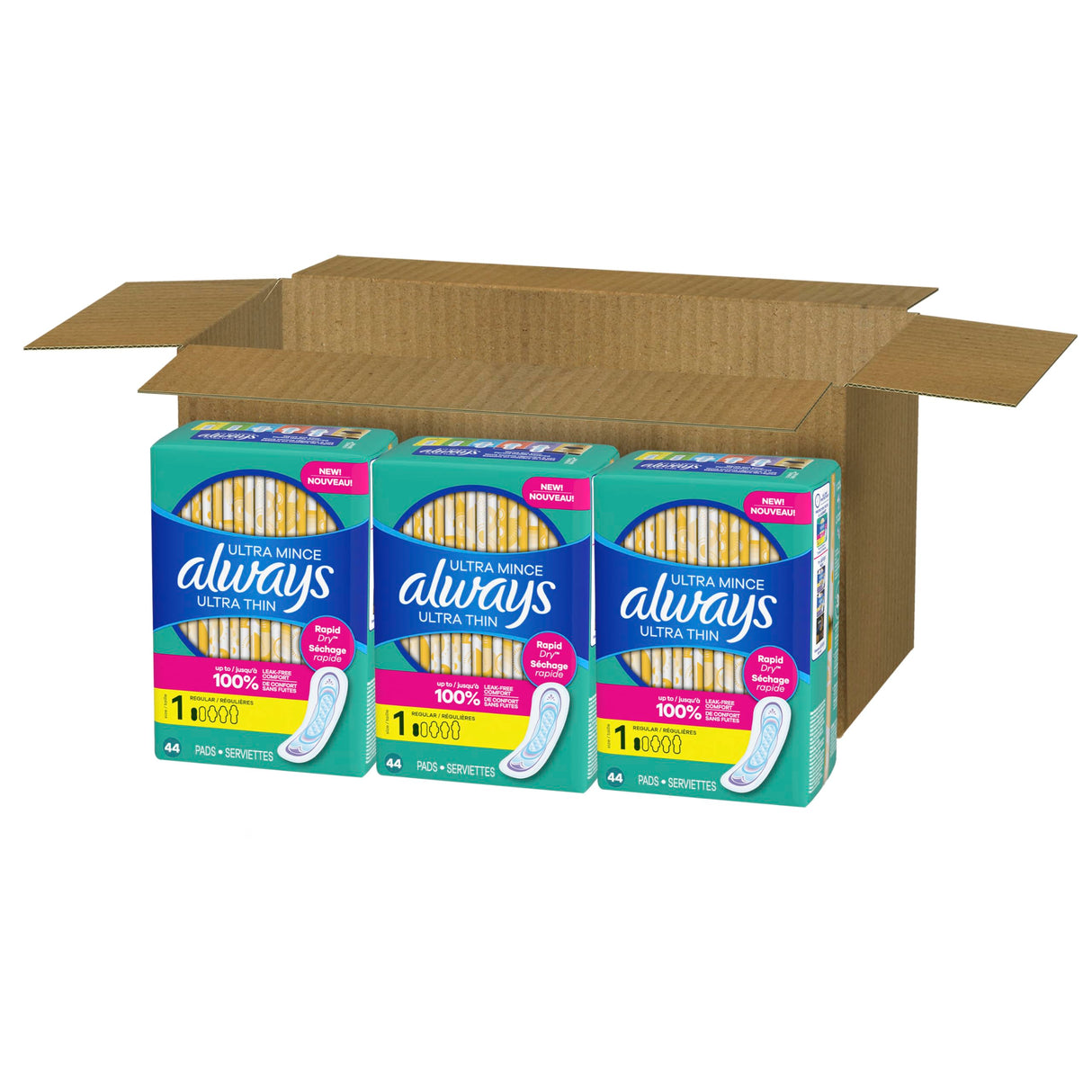 Always Ultra Thin Pads for Women, Size 1 Regular Absorbency Without Wings Unscented, 44 Count x 3 Packs (132 Count total)