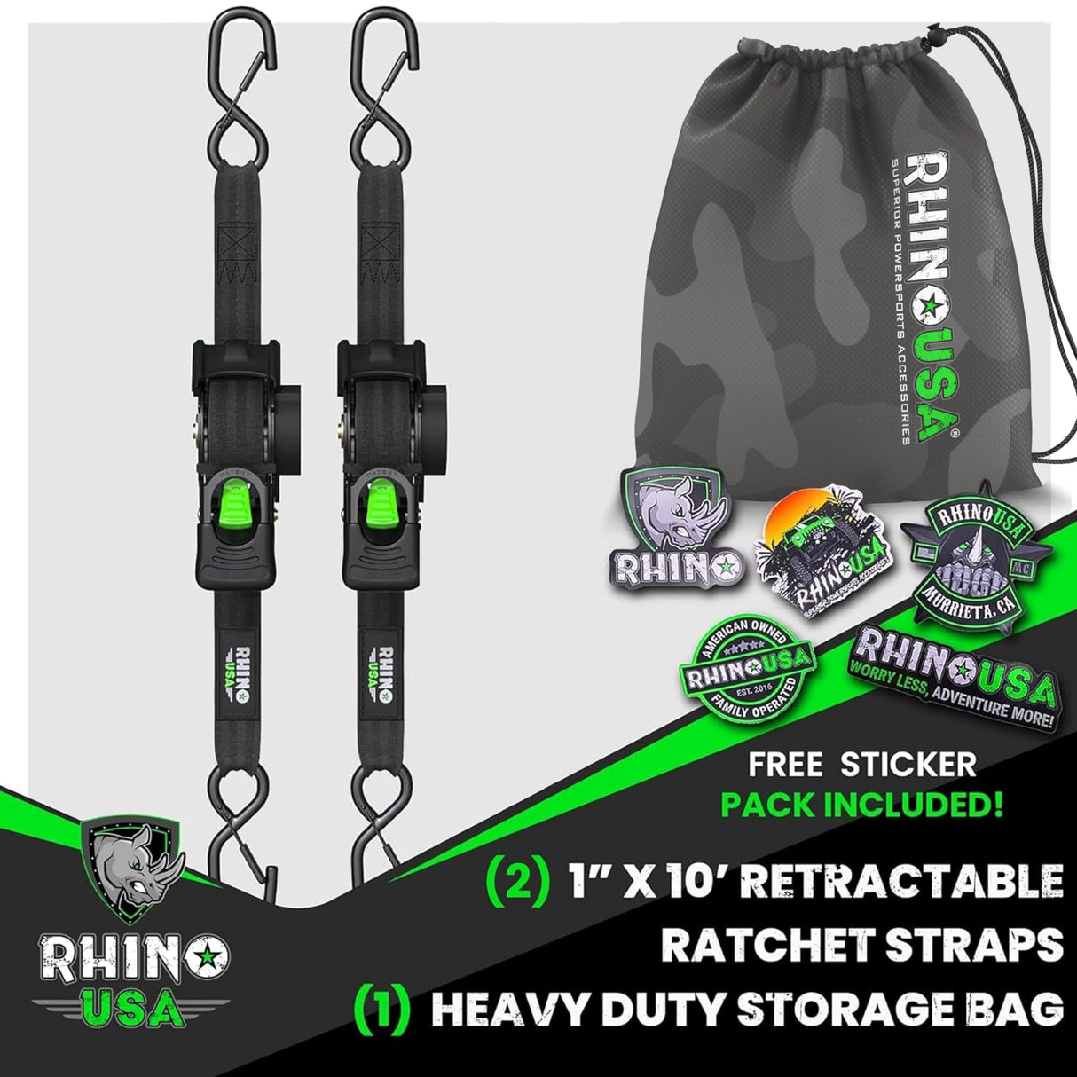 Rhino USA Retractable Ratchet Straps (2-Pack) - 1 Inch x 10 Feet (1,209lb Break Strength) - Auto Self Retracting Tie Down Straps for Truck, Cargo Trailer, Motorcycle, ATV, UTV - Black