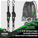 Rhino USA Retractable Ratchet Straps (2-Pack) - 1 Inch x 10 Feet (1,209lb Break Strength) - Auto Self Retracting Tie Down Straps for Truck, Cargo Trailer, Motorcycle, ATV, UTV - Black
