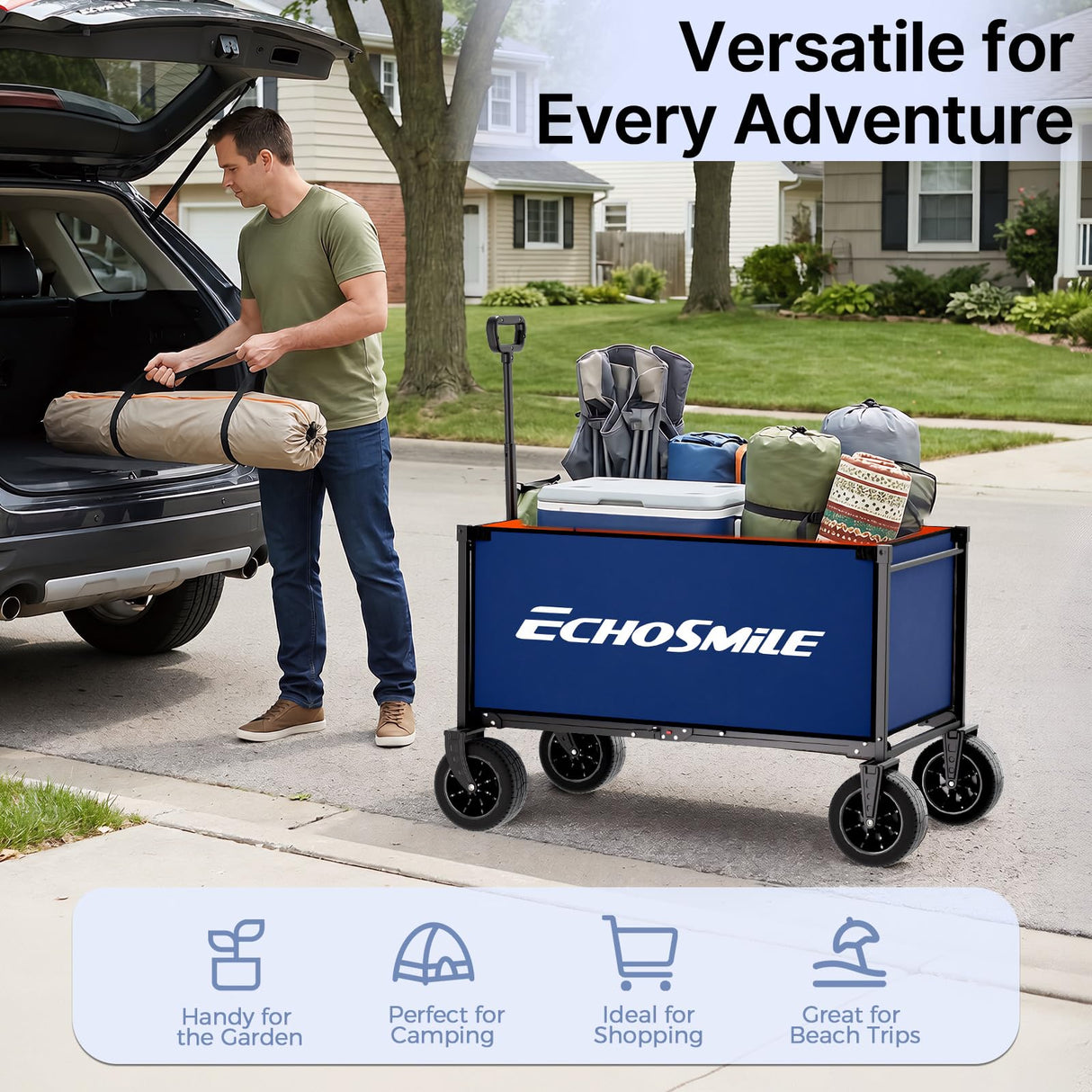 EchoSmile Collapsible Wagon Cart, Heavy Duty 400lbs Capacity, Blue
