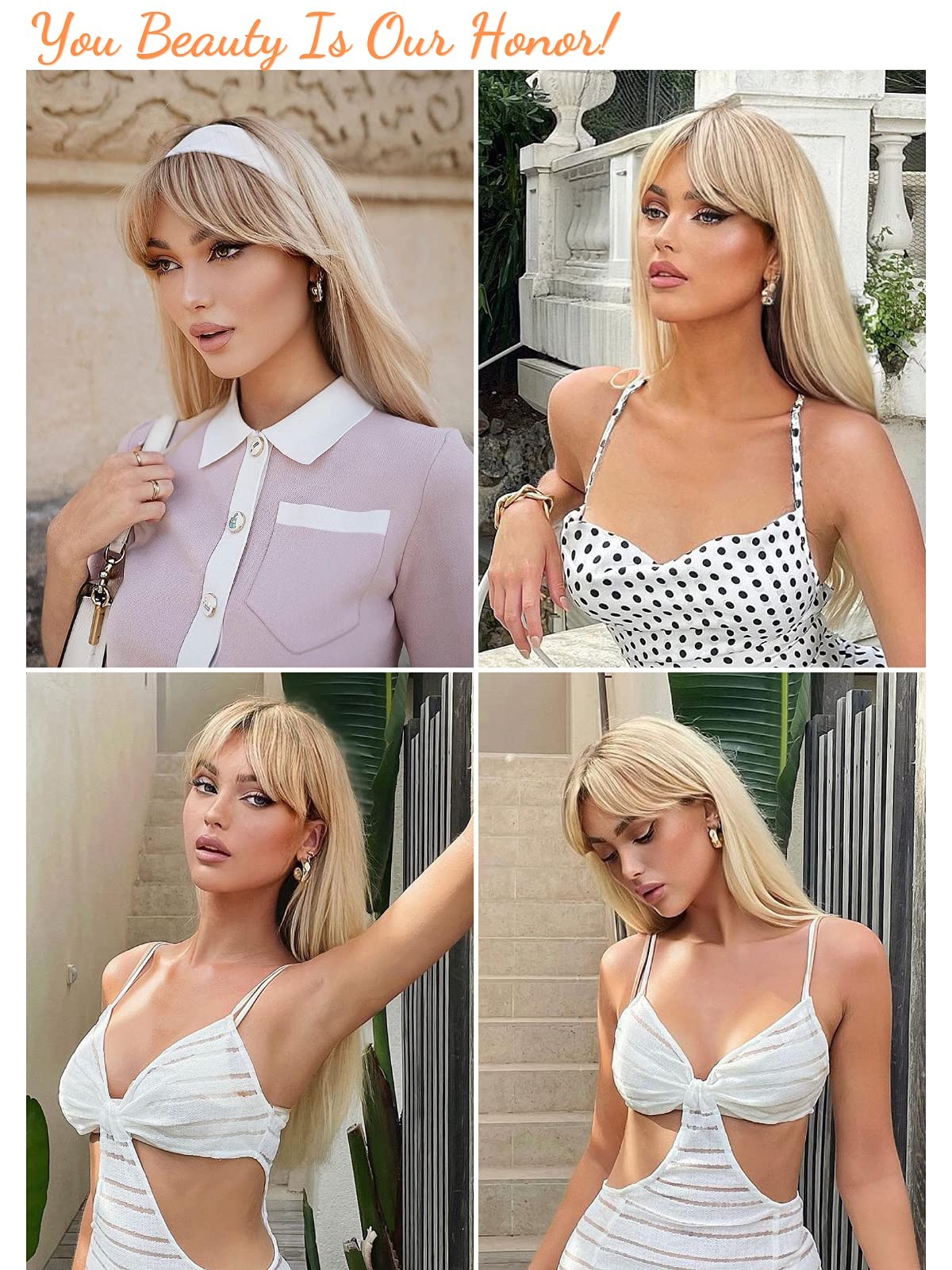 Honygebia Long Blonde Wig with Bangs - Ombre Dark Root Blonde Wigs for White Women, Striaght Wavy Synthetic Heat Resistant Hair, Natural Cute Wigs for Halloween/Christmas/Cosplay/Party