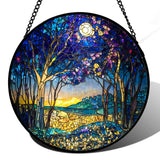 QZQCBLC Stained Glass Window Hanging Blue Purple Forest Trees Landscape Moon 6.3" - Suncatcher Door Garden Sun Catcher Home Decor Birthday Christmas for Mom Men Woman Nana