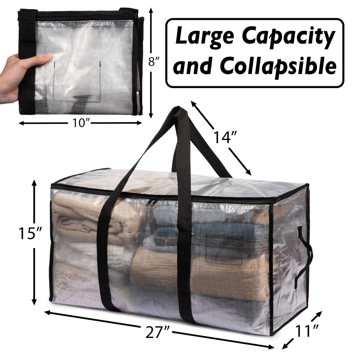 ClearSpace Heavy Duty Storage Bags Clear Storage Bins with Lids, Large Packing Boxes with Backpack Straps & Zippers College Dorm Moving Supplies, 4 Pack
