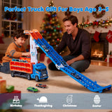 Race Track Truck Toys for 3 4 5 6 Years Old Kids - Carrier Truck Transport Car with 6 Die-Cast Cars Toys, 4-in-1 Truck with 2 Foldable Race Tracks, Christmas Birthday Gifts Toy for Toddler Boys, Blue