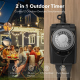 HBN Outdoor Timer Outlet Waterproof, 24 Hour Mechanical Light Timers for Electrical Outlets Outdoor Weatherproof, 2 Grounded Outlets for Christmas Lights, Pool Pump, 15A 1/2HP
