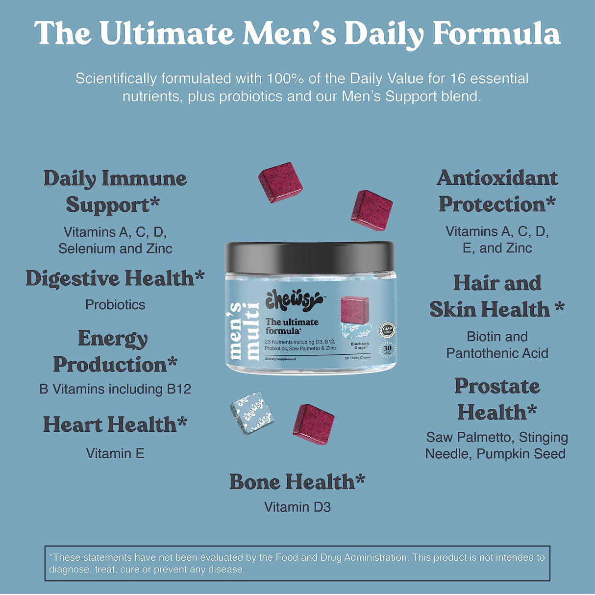CHEWSY - Men's Multivitamin Chews - Immune and Energy Support, Vitamin A, B12, C, D3, E, Folic Acid, Probiotics, Zinc - 30-Day Supply