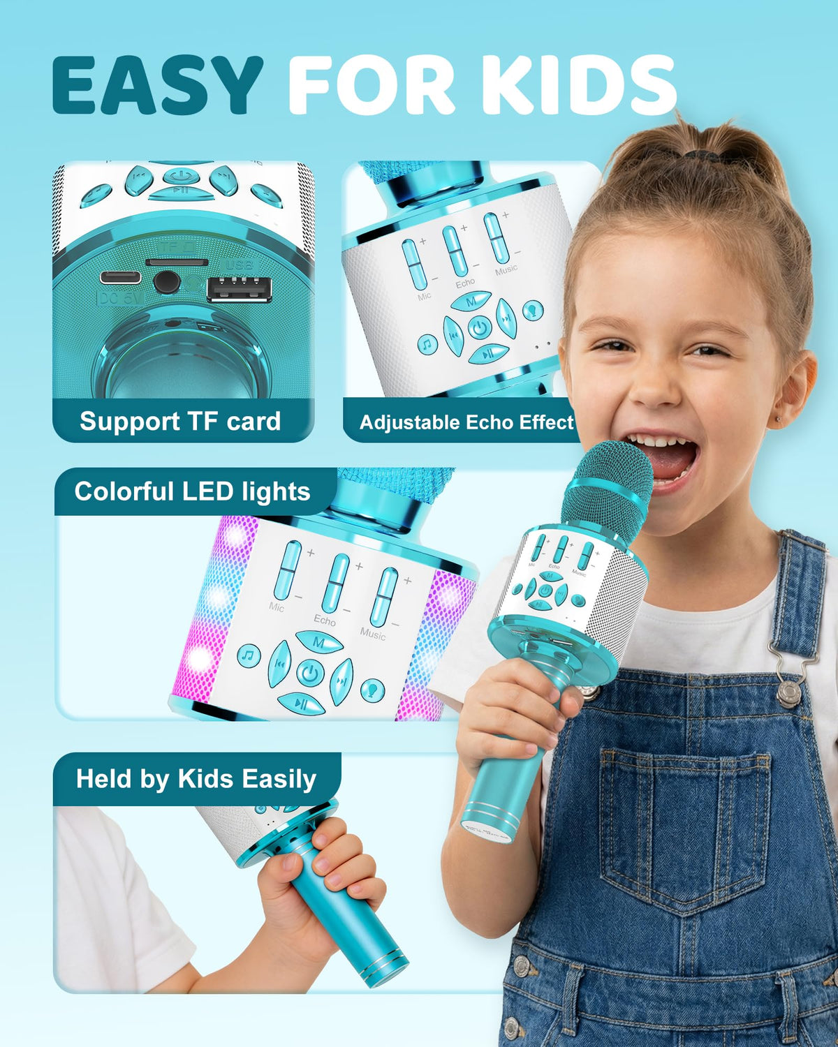 Amazmic Kids Karaoke Microphone Machine Toys for Girls Bluetooth Microphone with LED Light, Christmas Birthday Gift for Girls Boys 3-12+ Years Old (Blue)