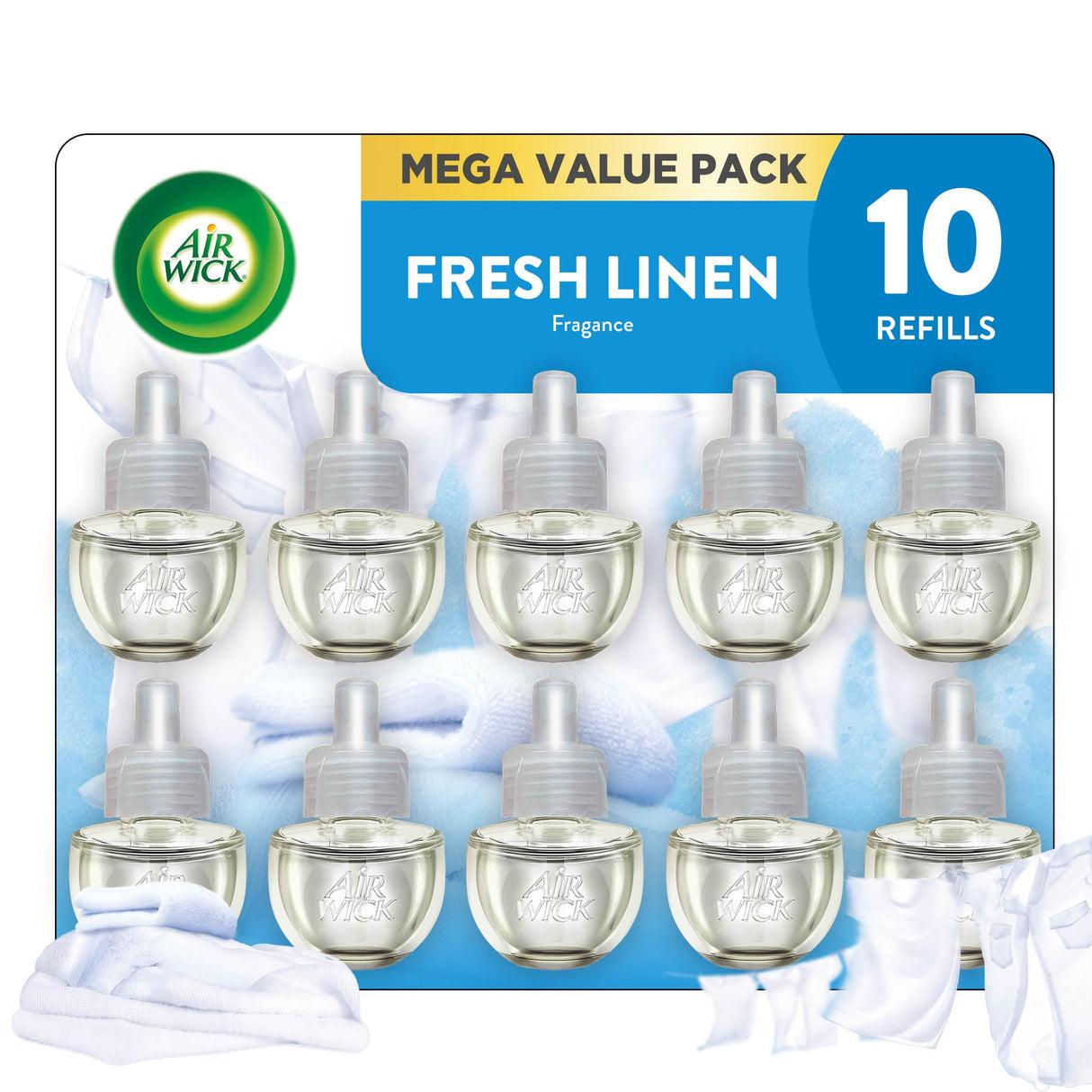 Air Wick Plug in Scented Oil Refill, 10ct, Fresh Linen, Air Freshener, Essential Oils, Eco Friendly Pack