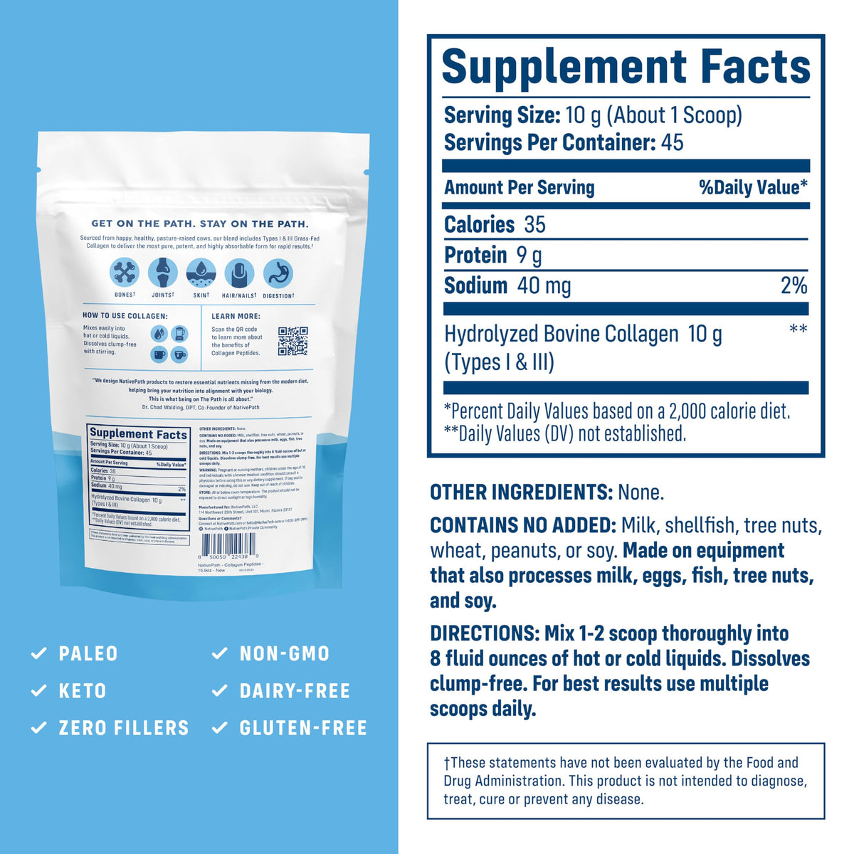 NativePath Collagen Peptides, Grass-Fed Type 1 & 3, 45 Servings
