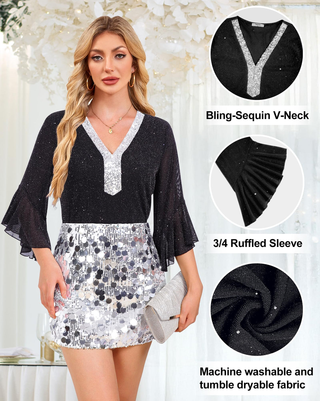 Timeson Plus Size Tops for Women: 3/4 Sleeve Business Casual — Womens Blouses — Office Work Shirts Holiday Outfits Fall Sparkly Tunic Dressy Christmas Shirts 2025 Sequined New Years Clothes Black 2XL