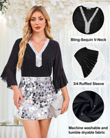 Timeson Plus Size Tops for Women: 3/4 Sleeve Business Casual — Womens Blouses — Office Work Shirts Holiday Outfits Fall Sparkly Tunic Dressy Christmas Shirts 2025 Sequined New Years Clothes Black 2XL