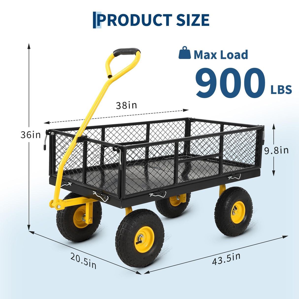 900 Lbs Heavy Duty Steel Garden Cart, Garden Wagon Cart on Wheels, Outdoor Metal Yard Utility Wagon Carts with and Mesh Removable Sides(Convert to Flatbed) and 180°Rotating Handle,Black