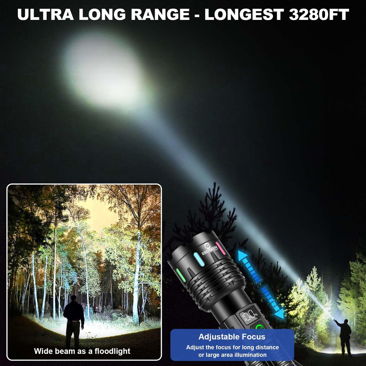Esgreen Rechargeable Flashlights High Lumens 100000 Single 2 Modes, Super Bright LED Flashlight USB C Long Distance 3280ft, Powerful Long Lasting 10H Heavy Duty Strong Flash Light for Camping Hiking