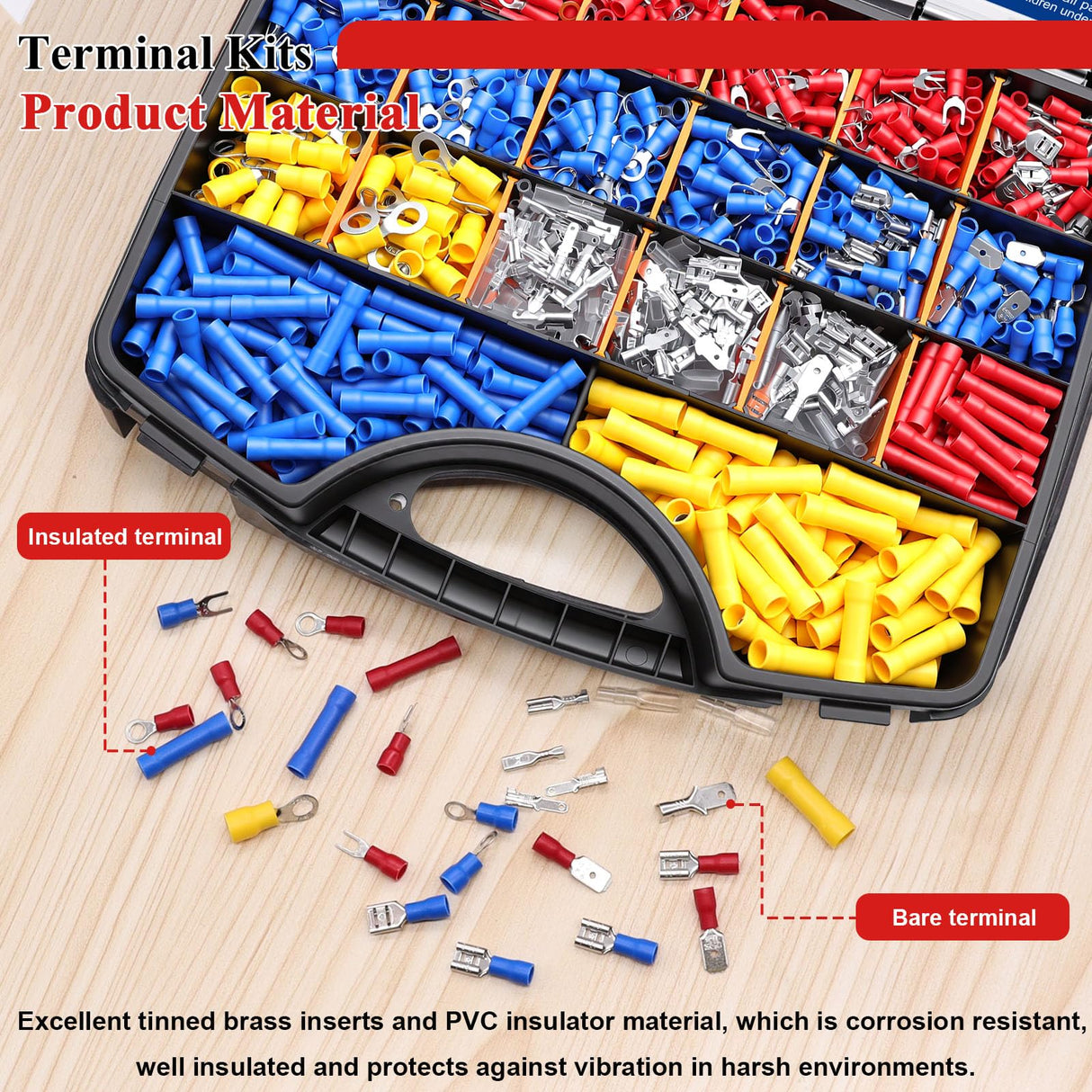 Tnisesm 1100PCS Wire Connector Kit with Crimping Tool, Copper Insulated Electrical Wire Terminals - Ring, Butt, Spade, Fork, Assorted Crimp Connectors in Reusable Carrying Case