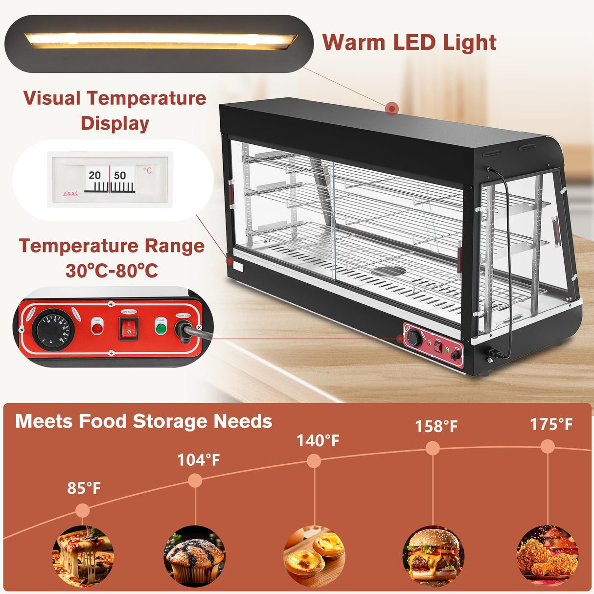 Countertop Food Warmer,Three Tier Commercial Warmers for Food Display, Glass case, with LED Lighting Removable Shelves Pastry for Buffet Restaurant L35'' x W19'' x H25''