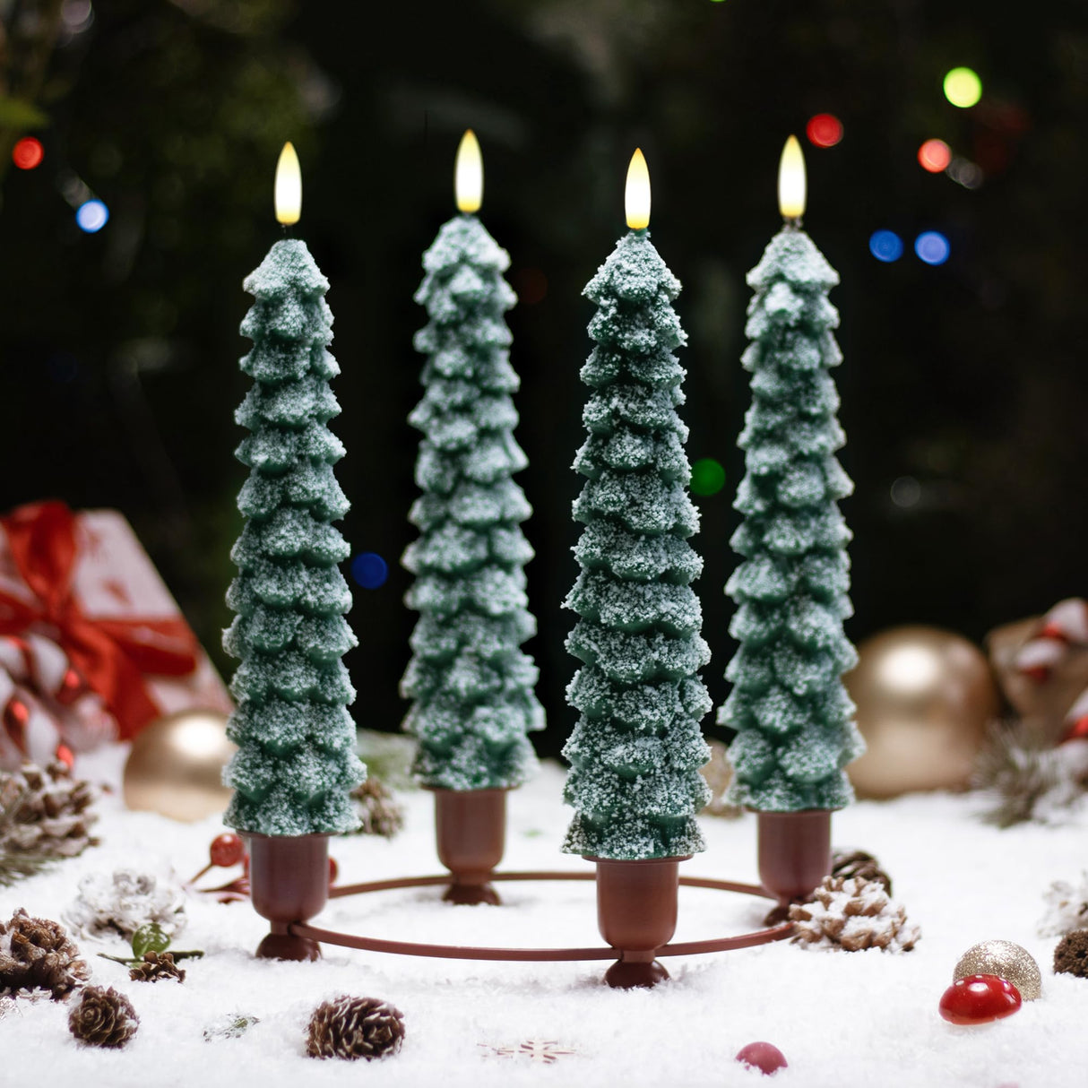 Stmarry 4 PCS Flameless Christmas Tree Candles with Remote, Snow Covered Real Wax Flameless Taper Candles 9.65 Inch, LED Candlesticks Battery Operated with 3D Flickering Flame, Christmas Candles Decor