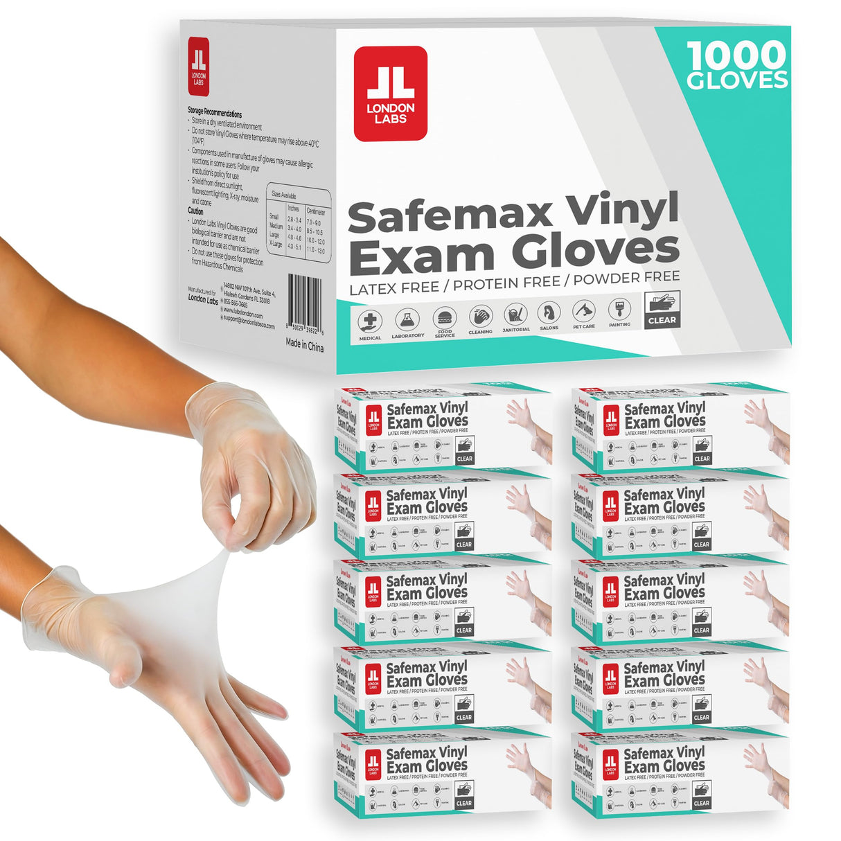 London Labs Medical Clear Vinyl Gloves, (Case of 1000) Powder Free & Latex Free, Disposable, Food Safe (Large)